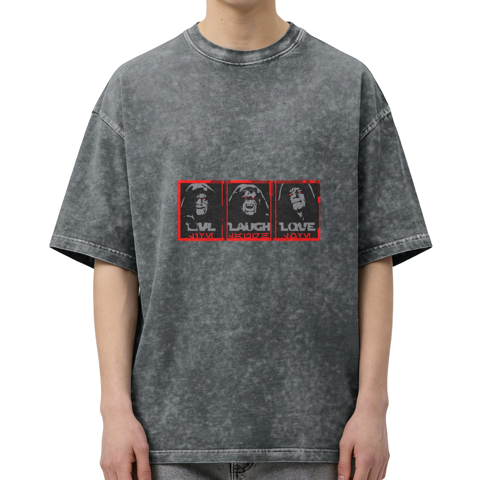 Washed Black Graphic T-Shirt With Dark Hooded Figure Live Laugh Love Print