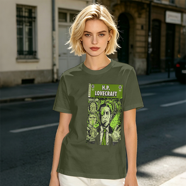 H.P. Lovecraft Comic Print Graphic Olive T-Shirt