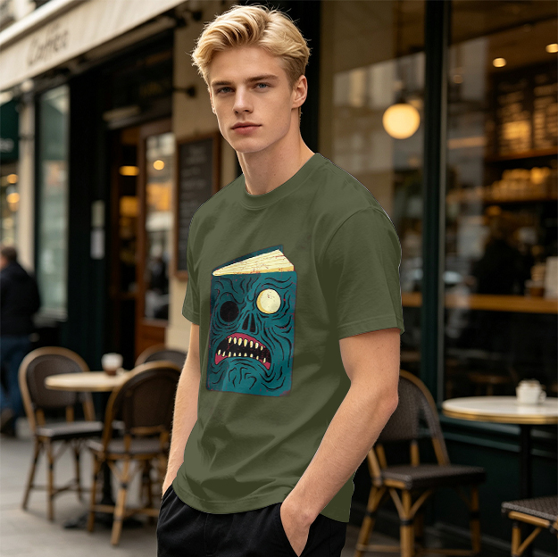 Olive T-Shirt With Monster Book Graphic Print