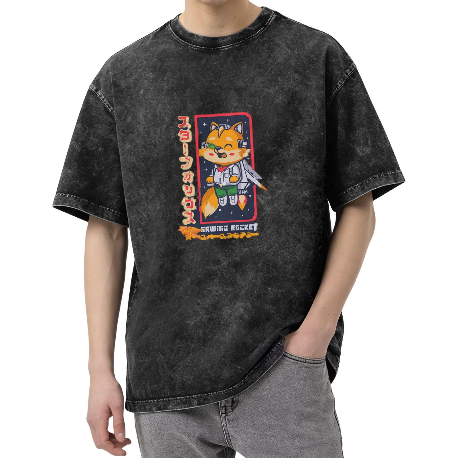 Washed black graphic t-shirt with cartoon space fox and rocket design