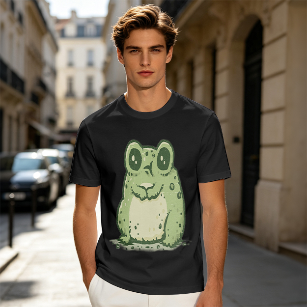 Olive Green T-Shirt With Cute Cartoon Frog Graphic Print