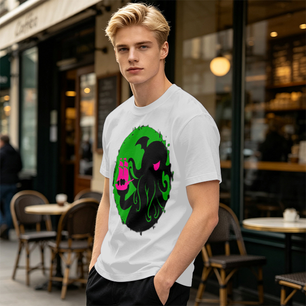 Olive T-Shirt With Cthulhu Holding Pink Ship Graphic Print