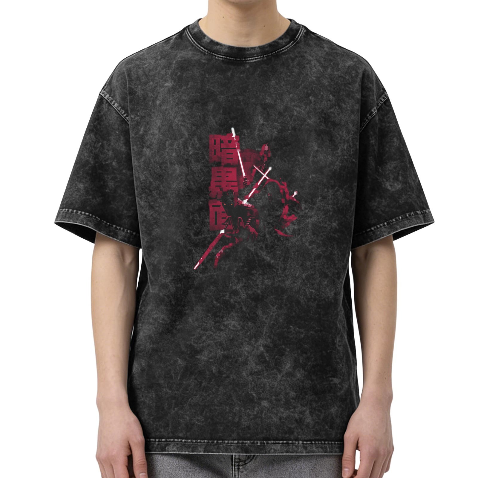 Washed black graphic t-shirt with Japanese text and red warrior design