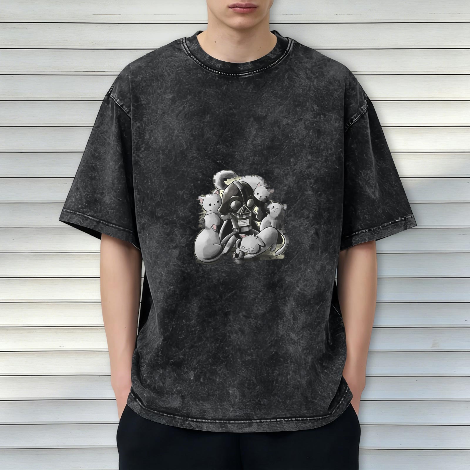 Washed Black T-Shirt With Darth Vader And Kittens Graphic