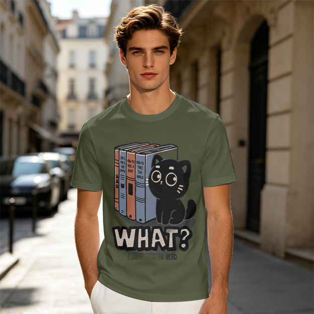 Olive T-Shirt With Cute Black Cat, Books And 'WHAT?' Print