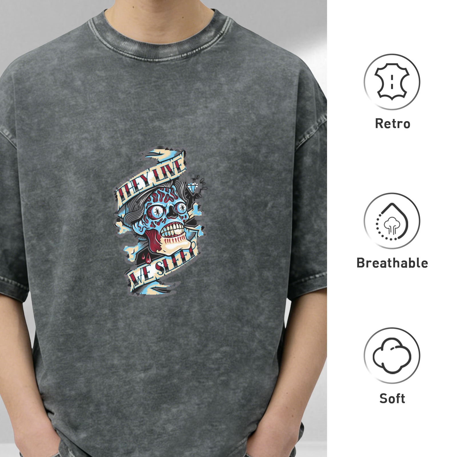 Washed Black Graphic T-Shirt with They Live Skull Banner Design