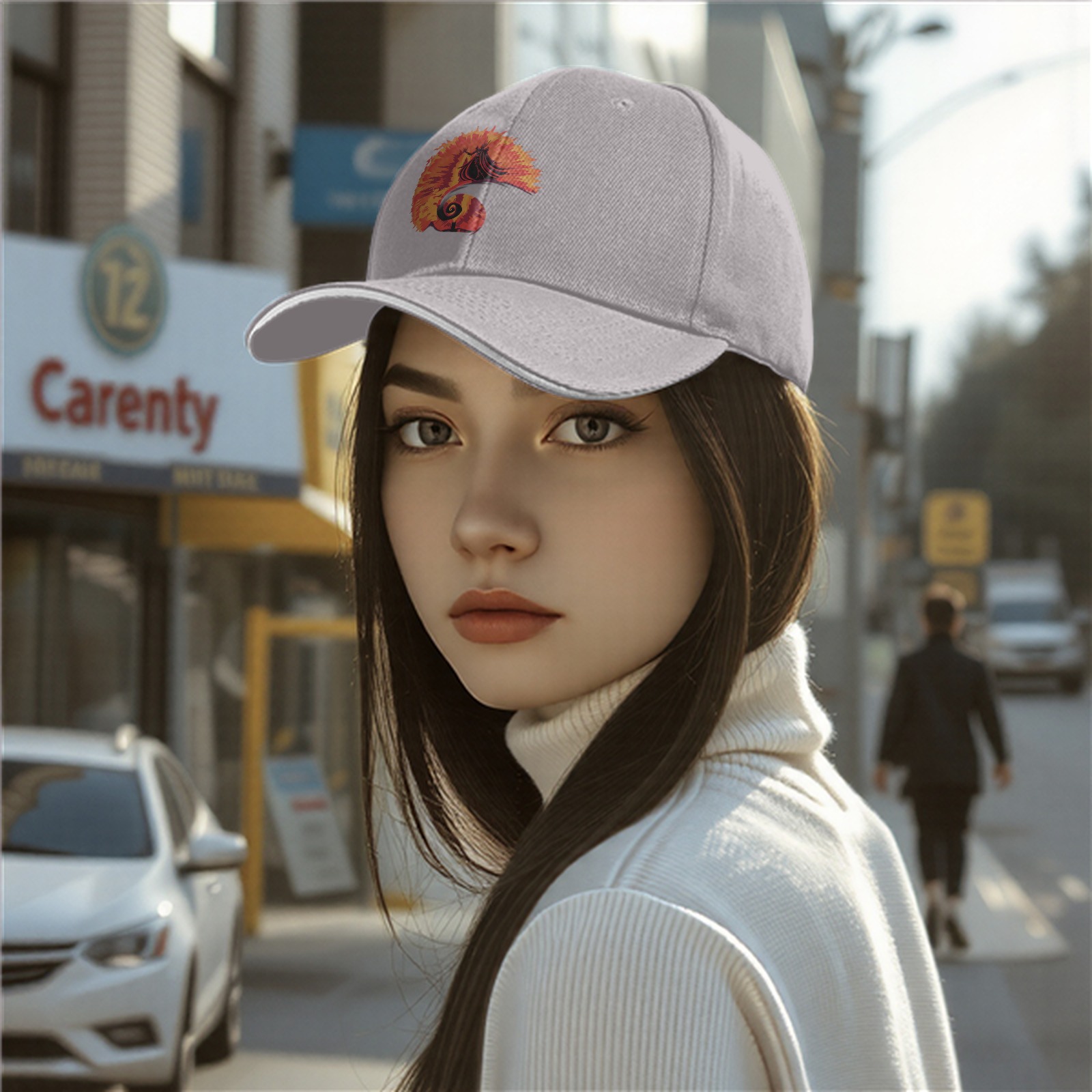 Black baseball cap with fiery spiral silhouette graphic