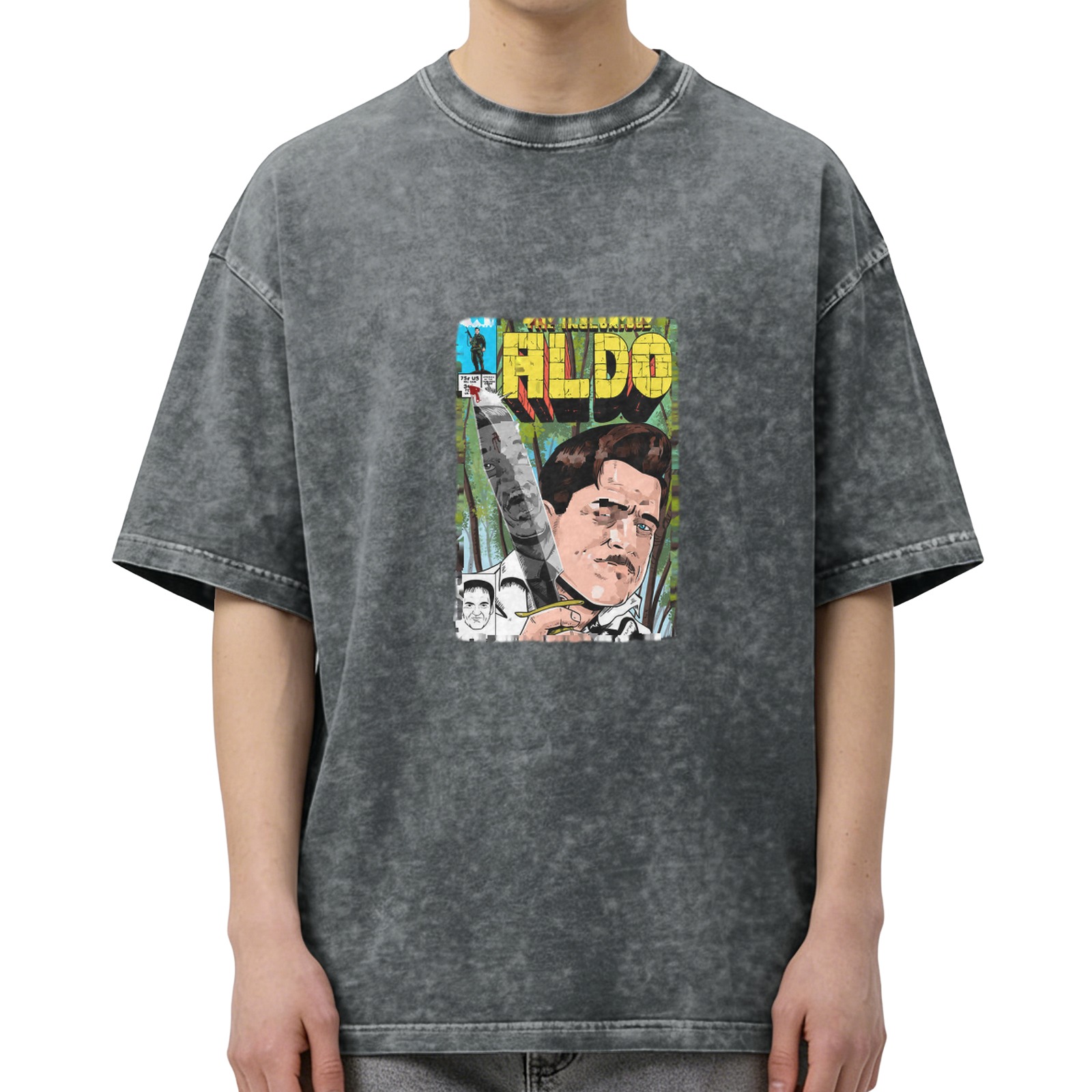 Washed Black T-Shirt with Aldo Comic Book Style Graphic Print