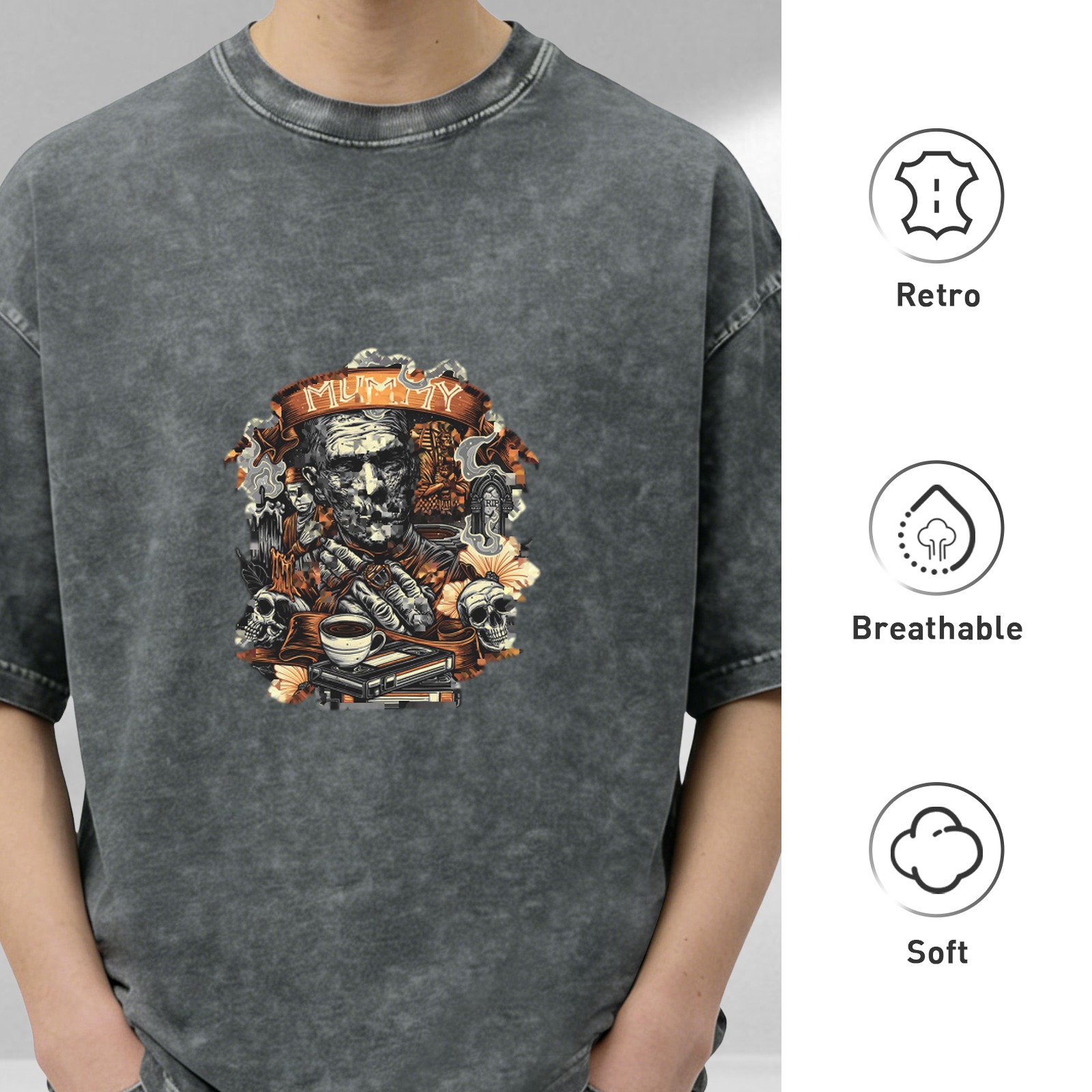Washed Black Mummy Graphic T-Shirt with Skulls and Coffee Design