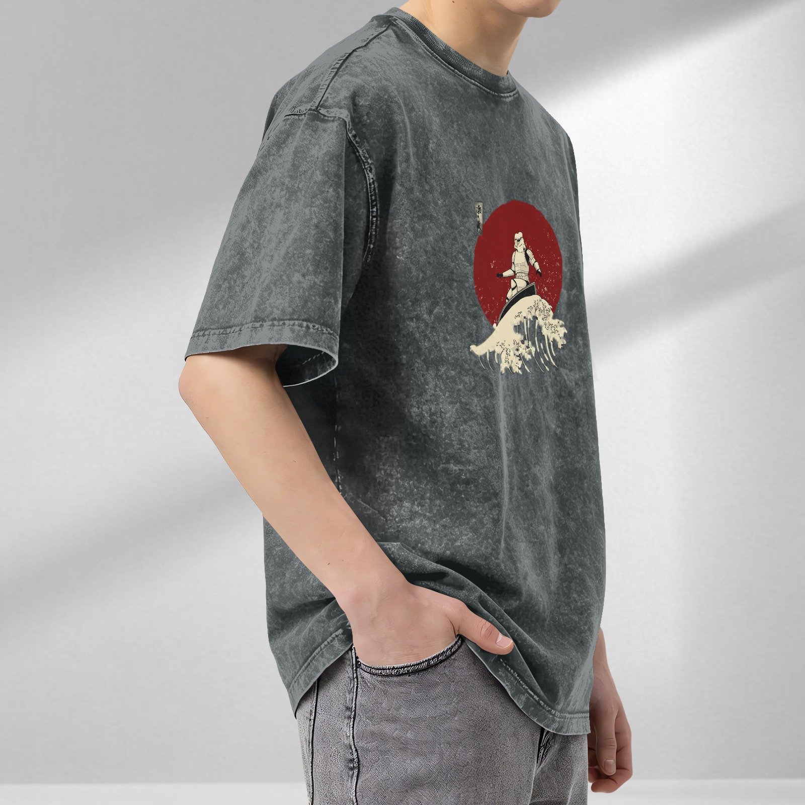 Oversized Stone-Washed Black T-Shirt with Surfer Stormtrooper & Great Wave Graphic Print