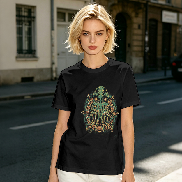 Olive Green T-Shirt With Cthulhu Ship Wheel Graphic