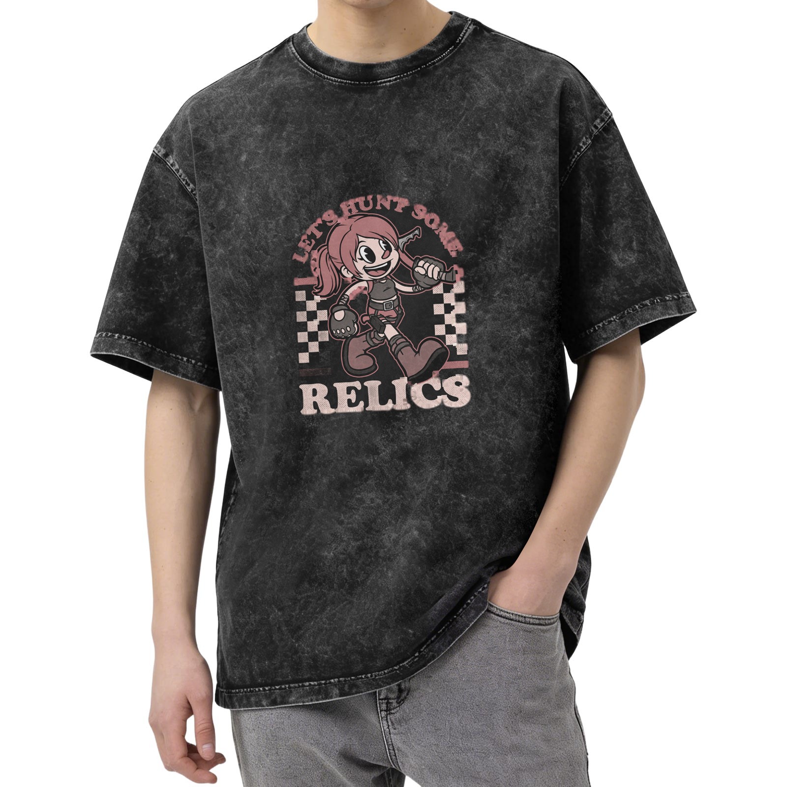 Washed Graphic Tee With Retro Cartoon Relic Hunter Print