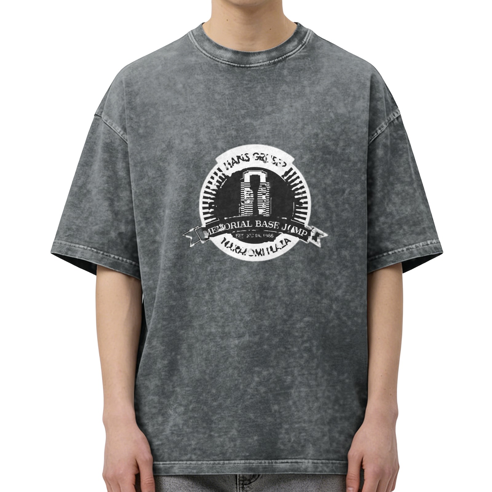 Oversized Acid-Wash Black Graphic T-Shirt with 'Hans Gruber Memorial Base Jump' Print