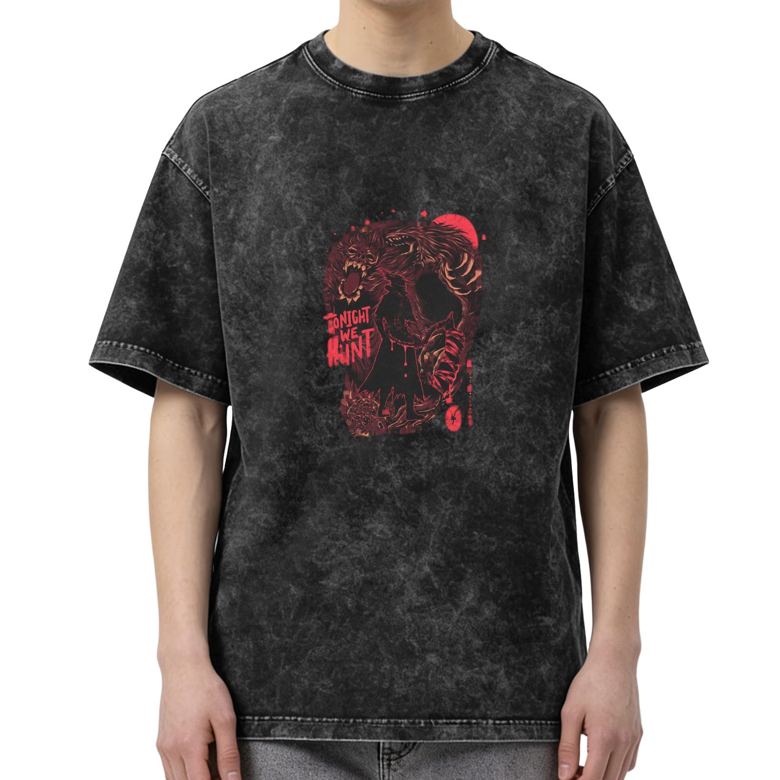 Washed black graphic t-shirt with werewolf tonight we hunt design