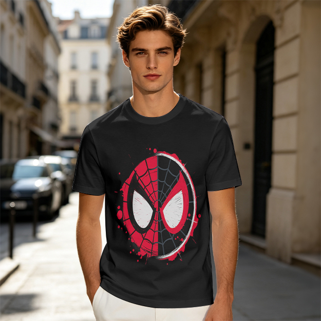 Olive T-Shirt with Split Spider-Man Mask Graphic