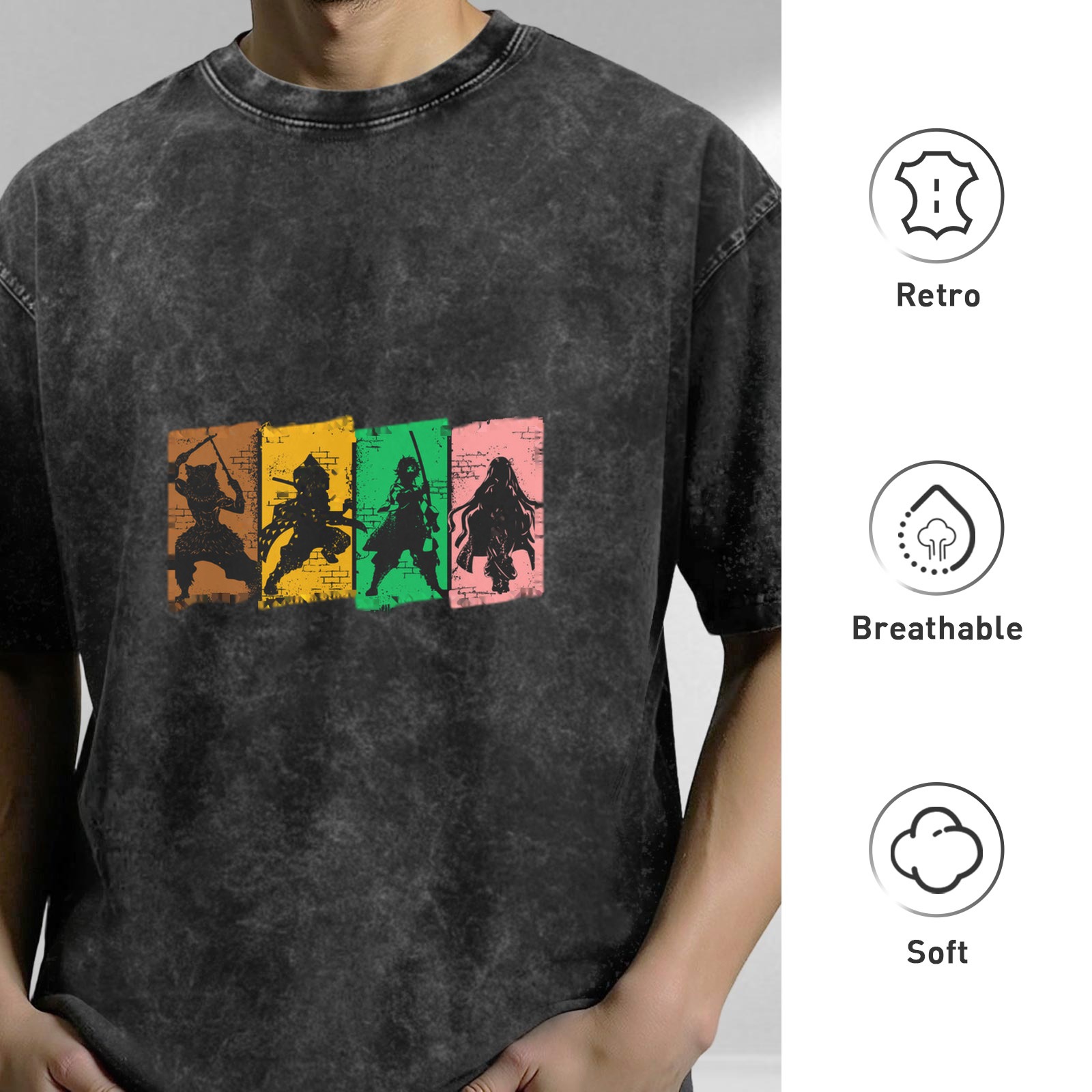 Washed Black Anime Character Silhouette Graphic T-Shirt