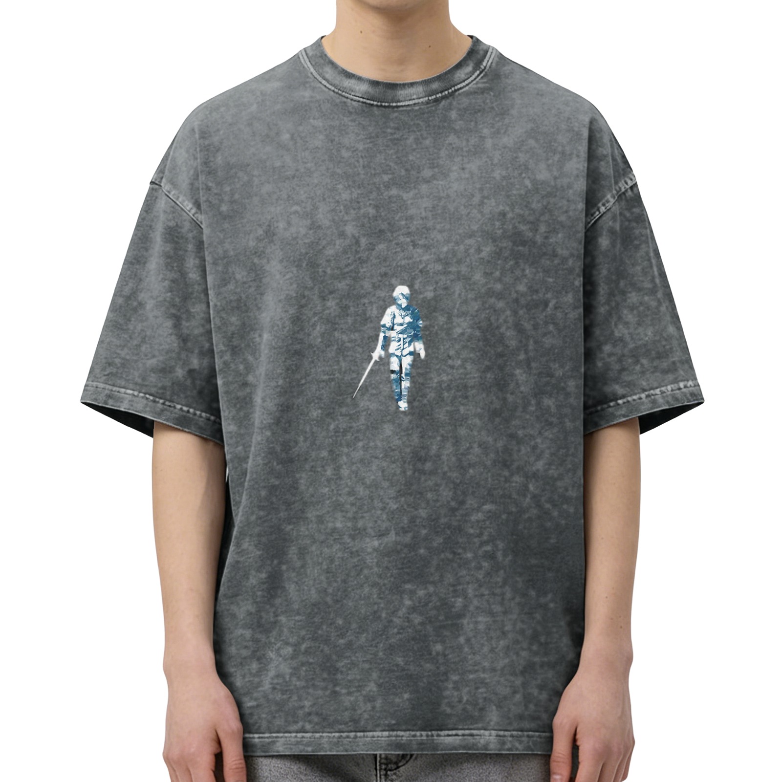 Distressed washed black loose short-sleeved T-shirt with sword warrior pattern