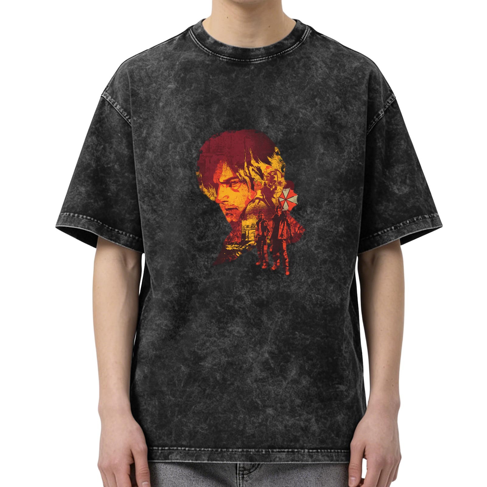 Washed Black Graphic T-Shirt With Horror Character And Umbrella Logo Print