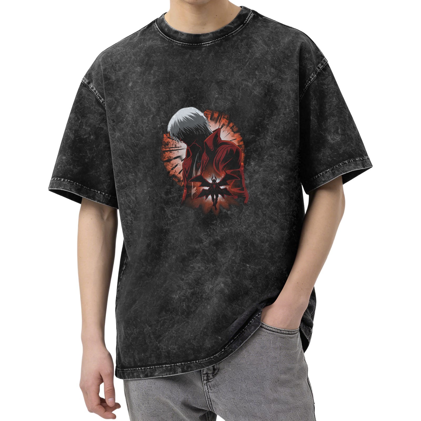 Washed Black Graphic T-Shirt with Anime Demon Character Print