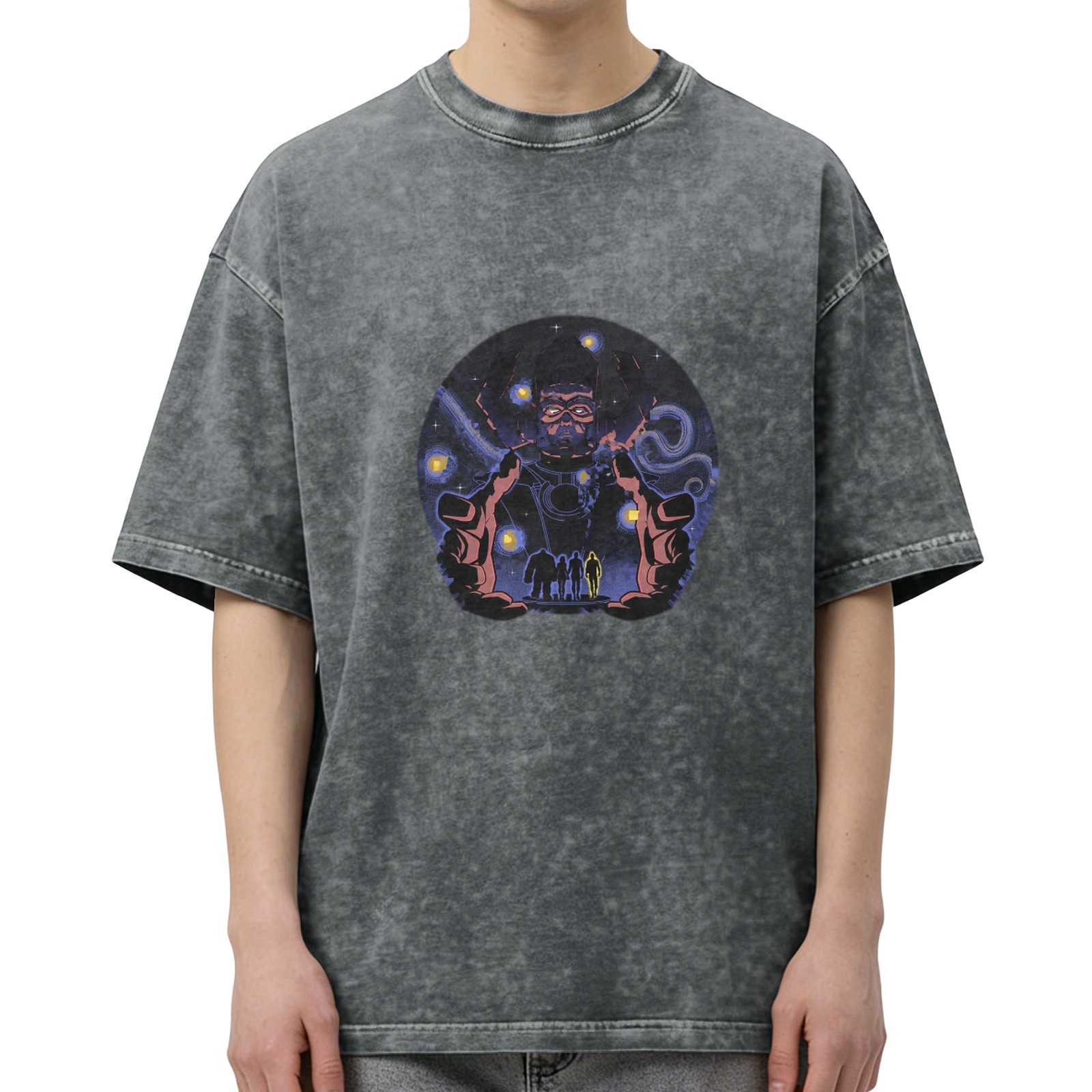 Washed Black Graphic Tee With Cosmic Villain And Silhouette Figures Print