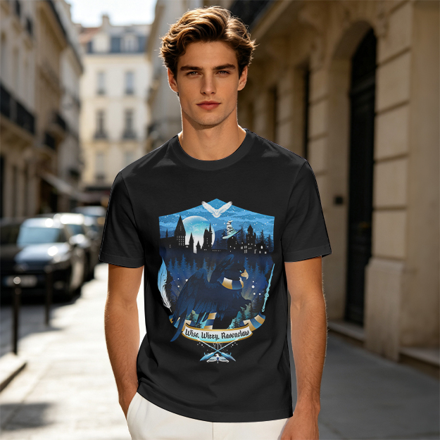 Olive t-shirt with Ravenclaw house crest night castle design
