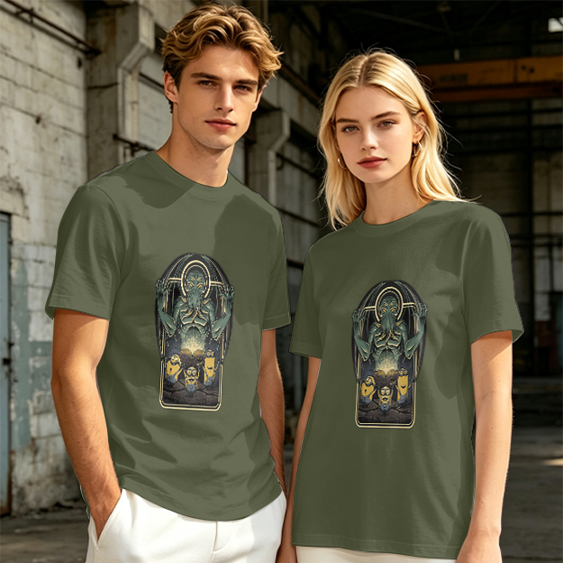 Olive Green T-Shirt with Cthulhu and Minions Graphic Print