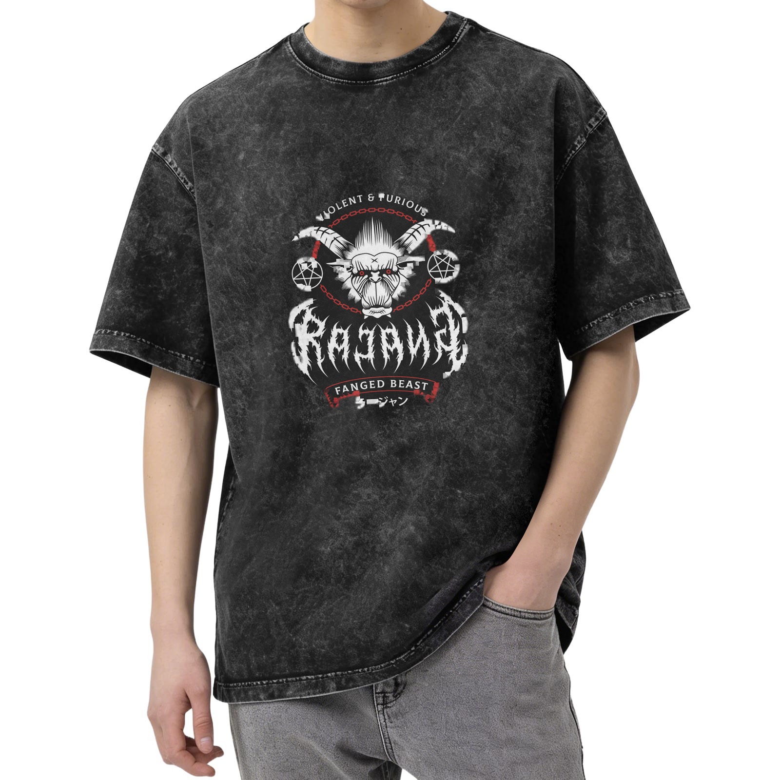 Raging Rajang Fanged Beast Graphic Stone Wash T-Shirt