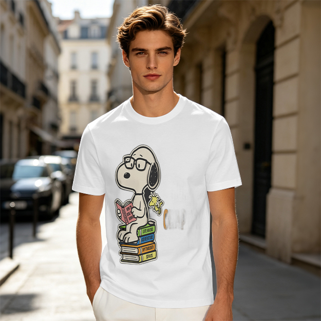 Olive T-shirt with Snoopy reading on stack of books