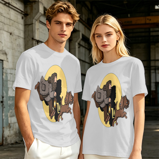 Olive T-Shirt With Cartoon Man And Dog Running Graphic