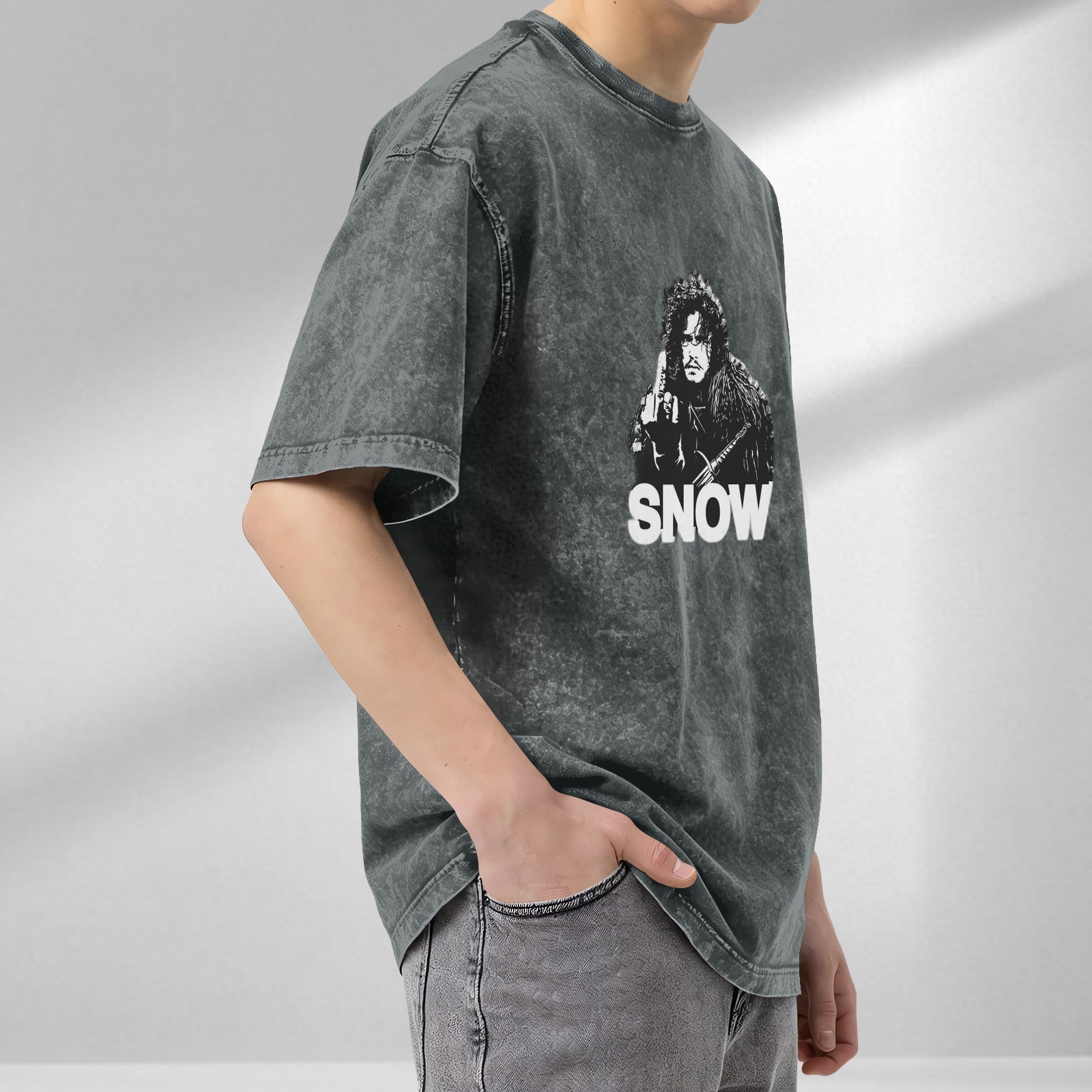 Oversized Stonewashed T-Shirt with Jon Snow Graphic Print