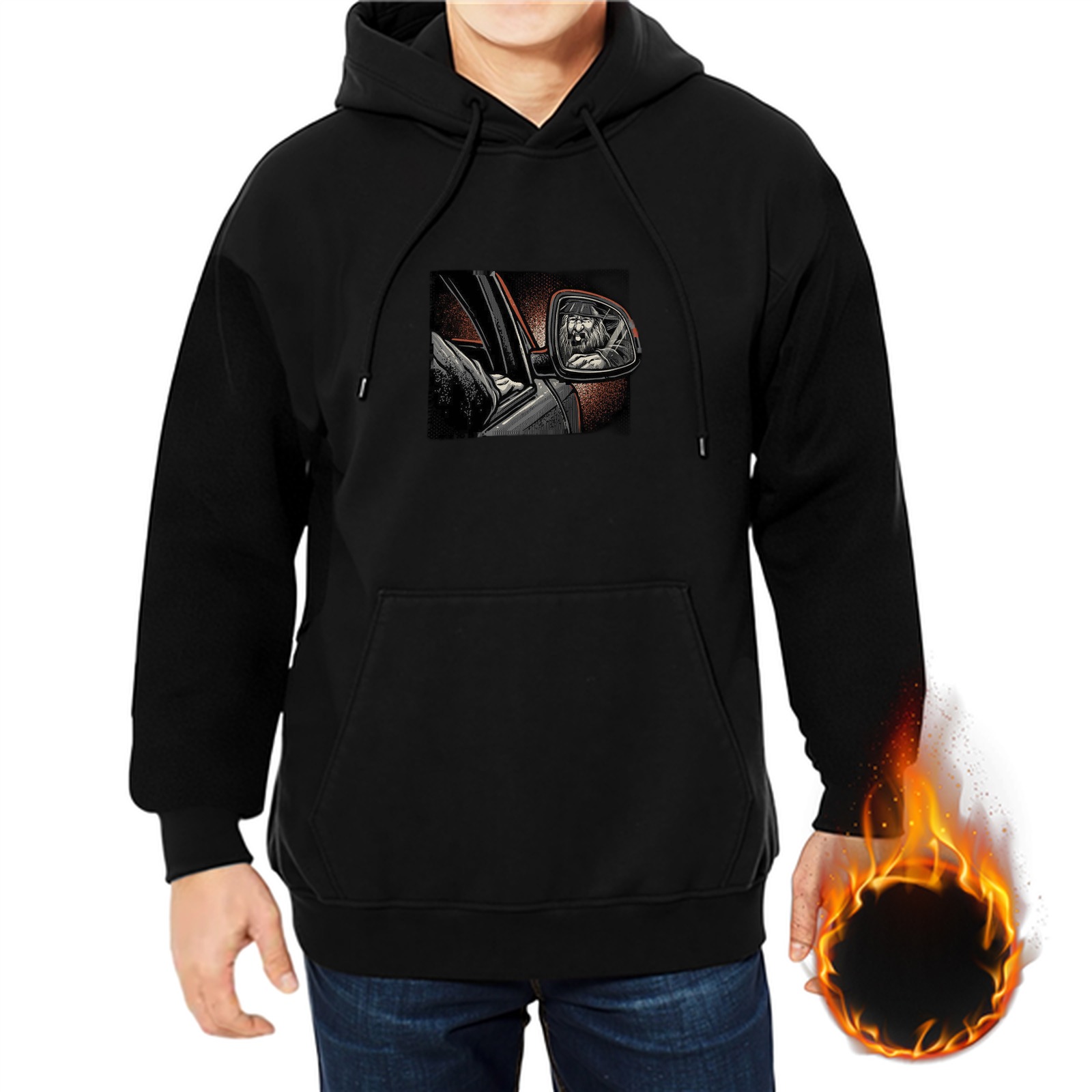 Black Hoodie With Driver In Car Side Mirror Graphic Print