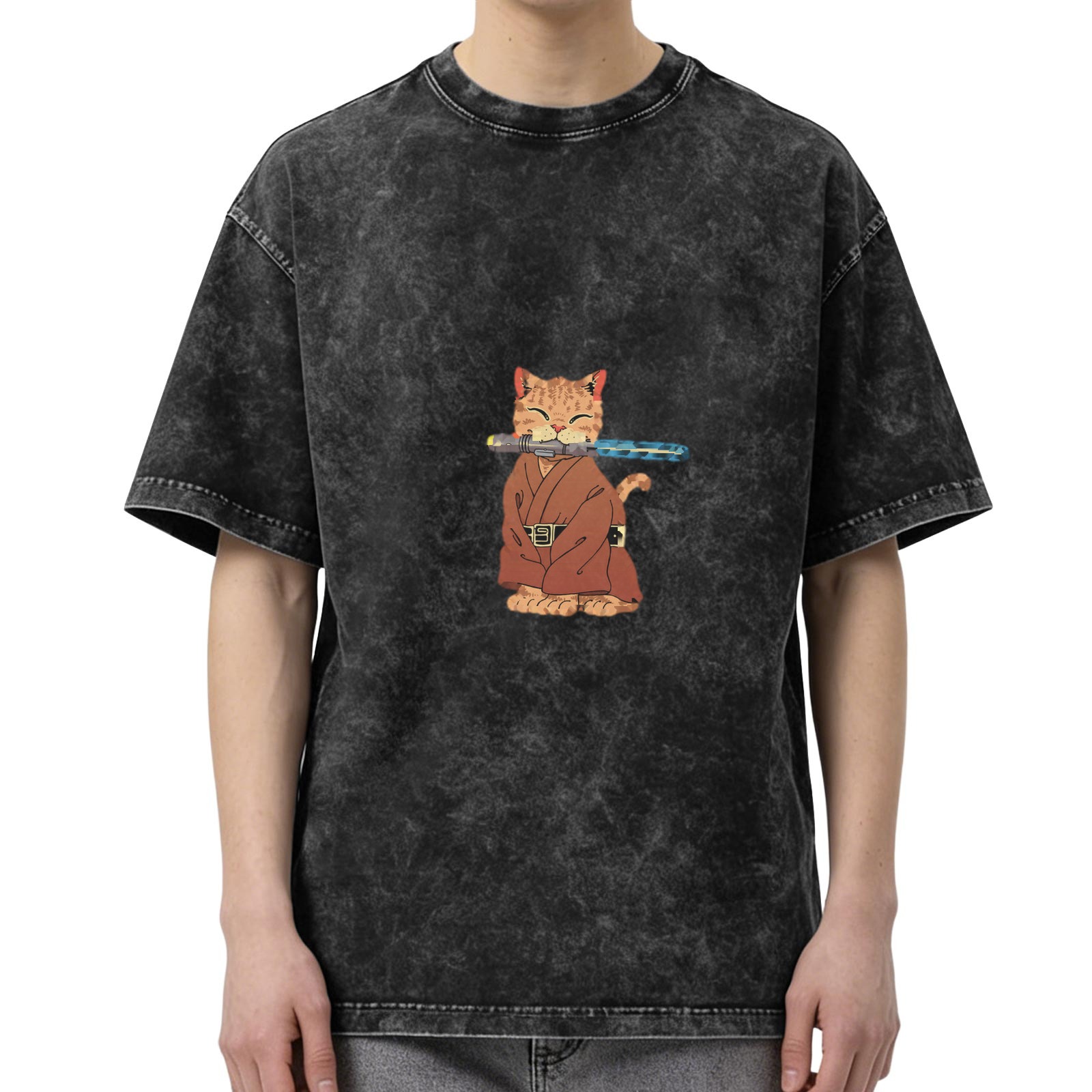 Oversized Acid Wash T-Shirt With Jedi Cat Lightsaber Print