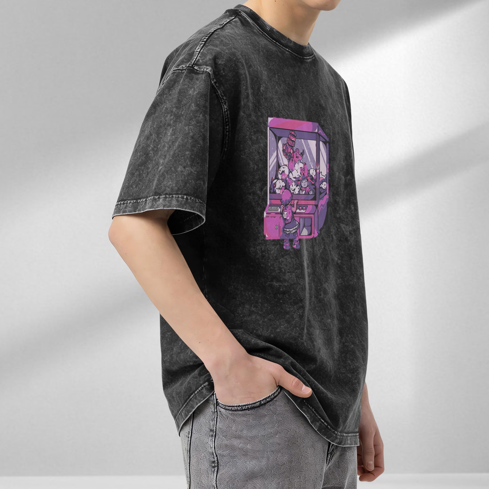 Oversized acid wash t-shirt with anime claw machine graphic
