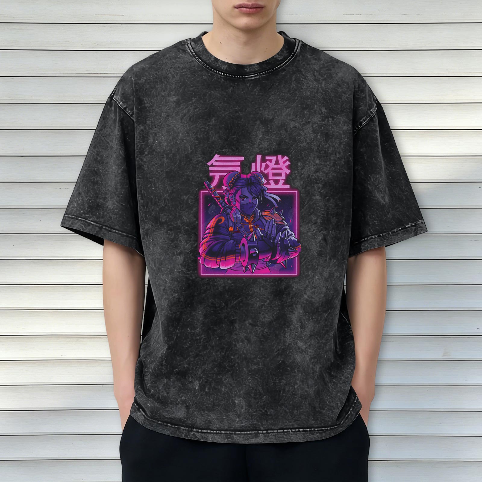 Distressed washed black loose short-sleeved T-shirt Cyberpunk style anime ninja print Japanese text design Street fashion casual top