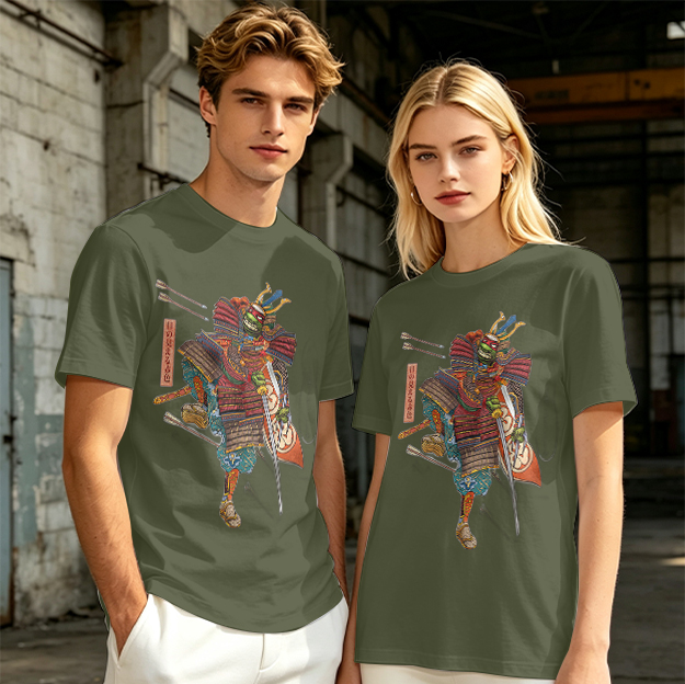 Olive T-shirt with Traditional Samurai Warrior Graphic Print