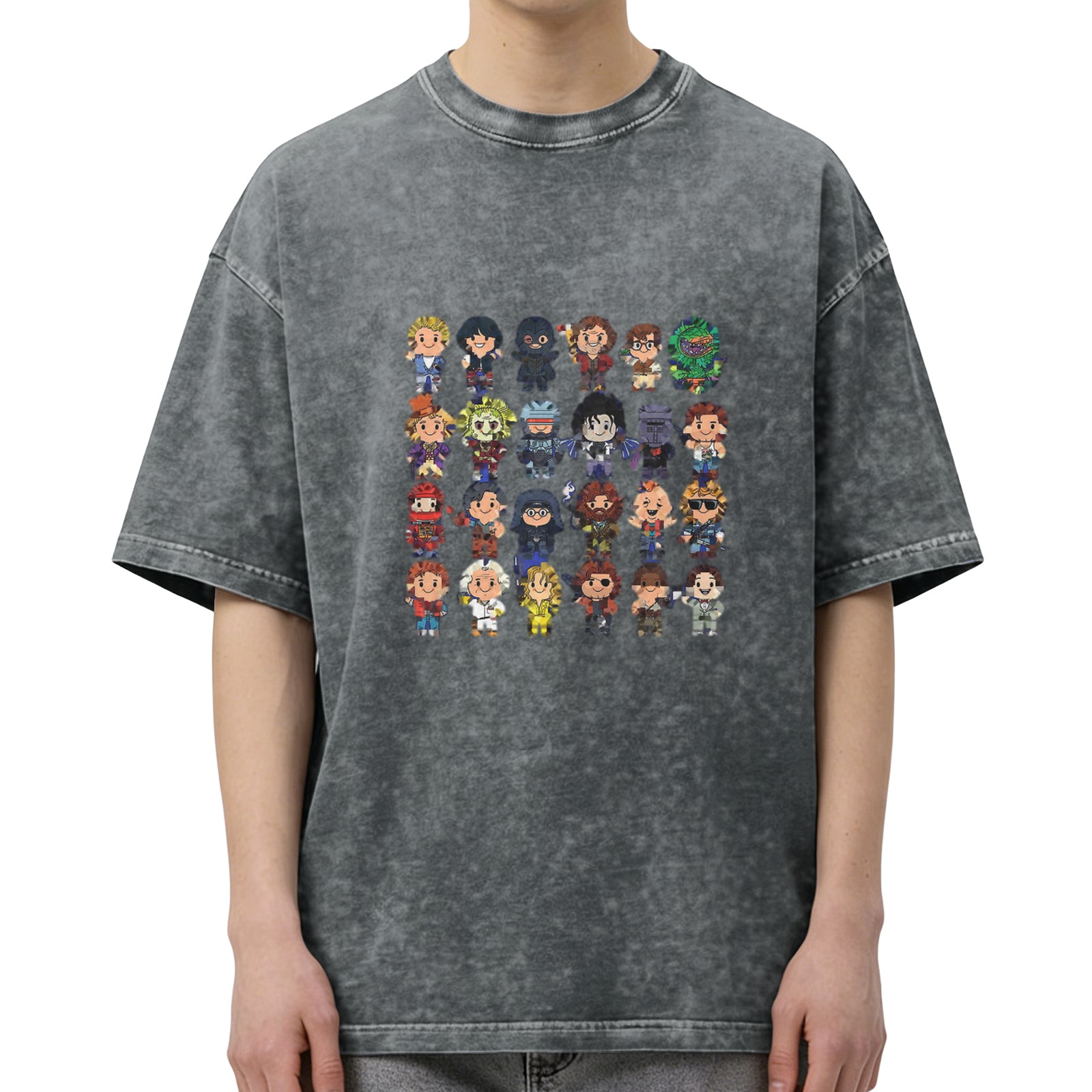 Retro washed black cartoon character printed loose short-sleeved T-shirt