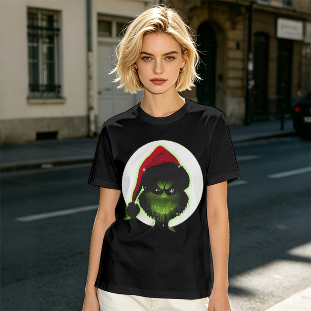 Olive Green T-Shirt With Grinch Wearing Santa Hat Graphic