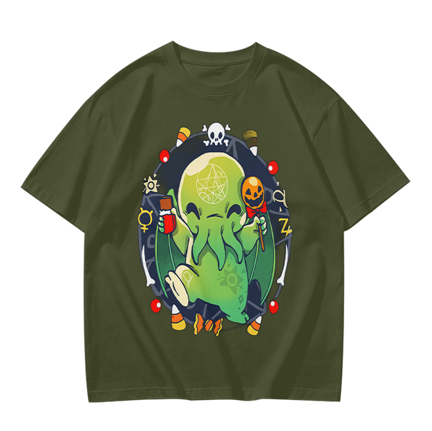Olive T-Shirt With Cute Halloween Cthulhu Graphic Print