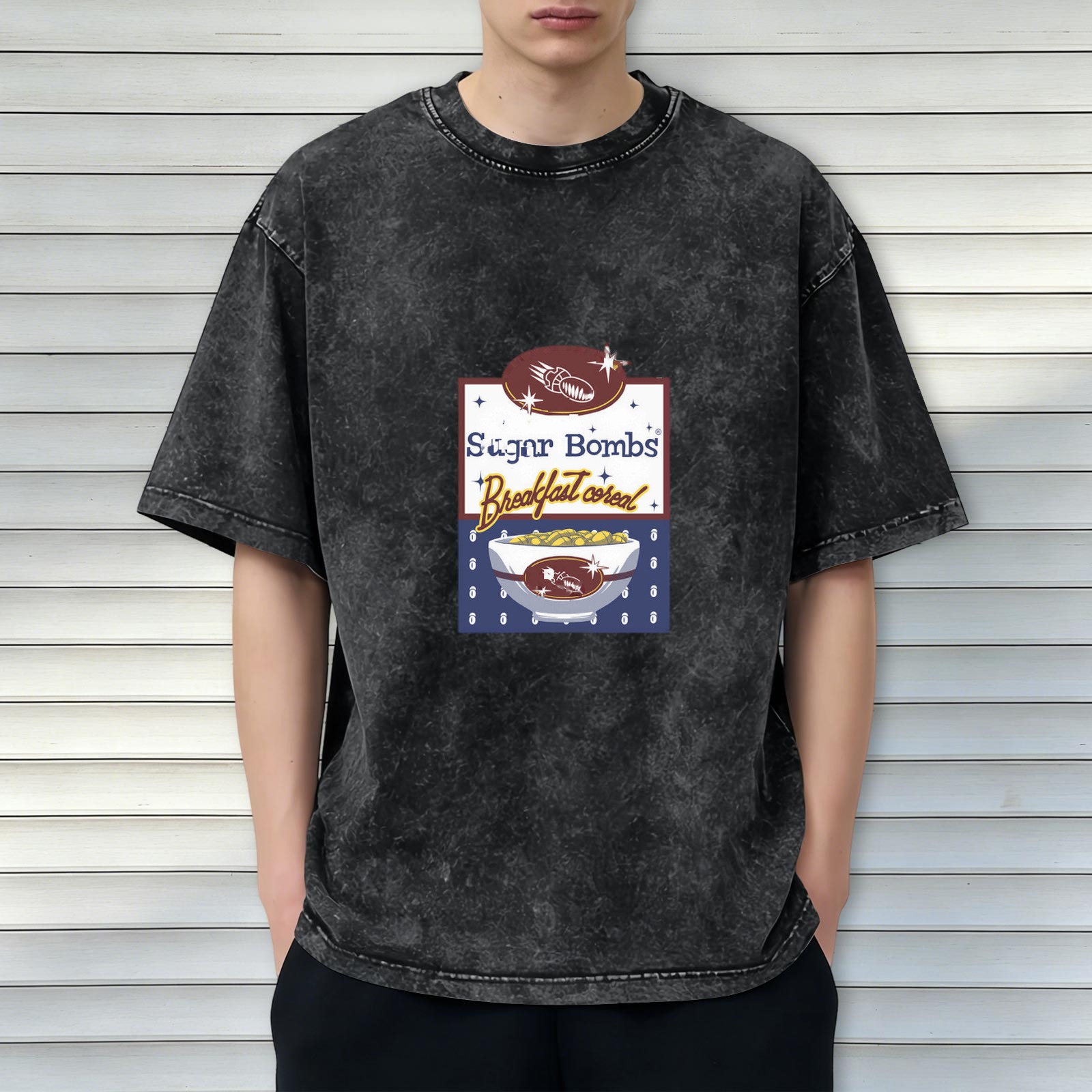 Sugar Bombs Breakfast Cereal Graphic Black Acid Wash T-Shirt
