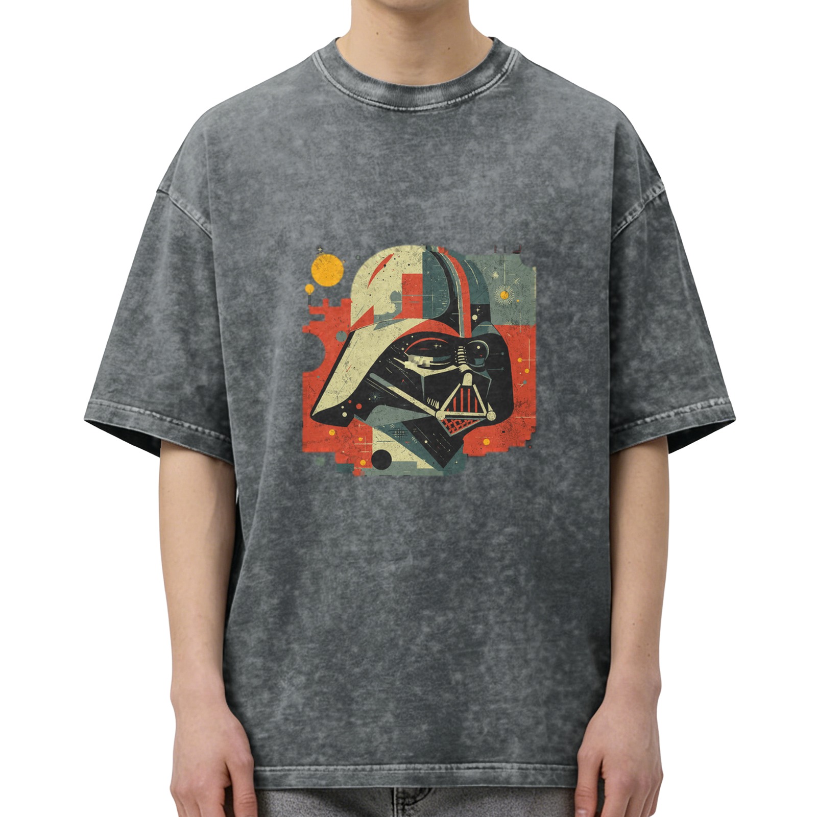 Washed Black T-Shirt with Retro Darth Vader Graphic