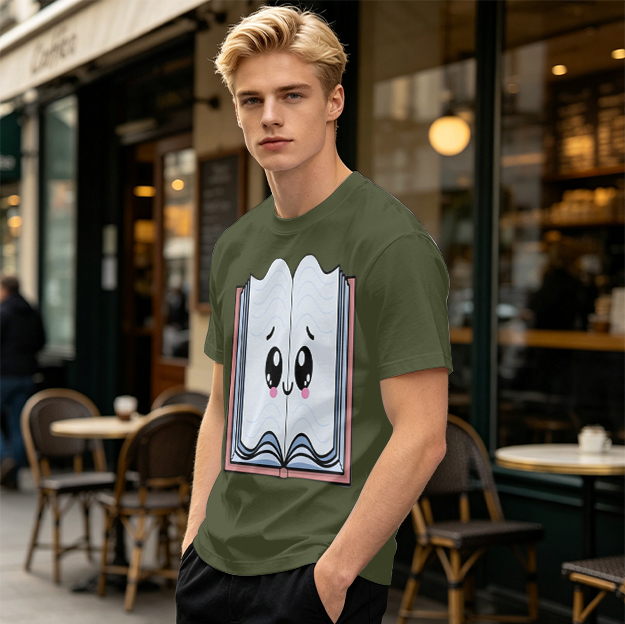 Olive T-Shirt With Cute Smiling Open Book Graphic Print