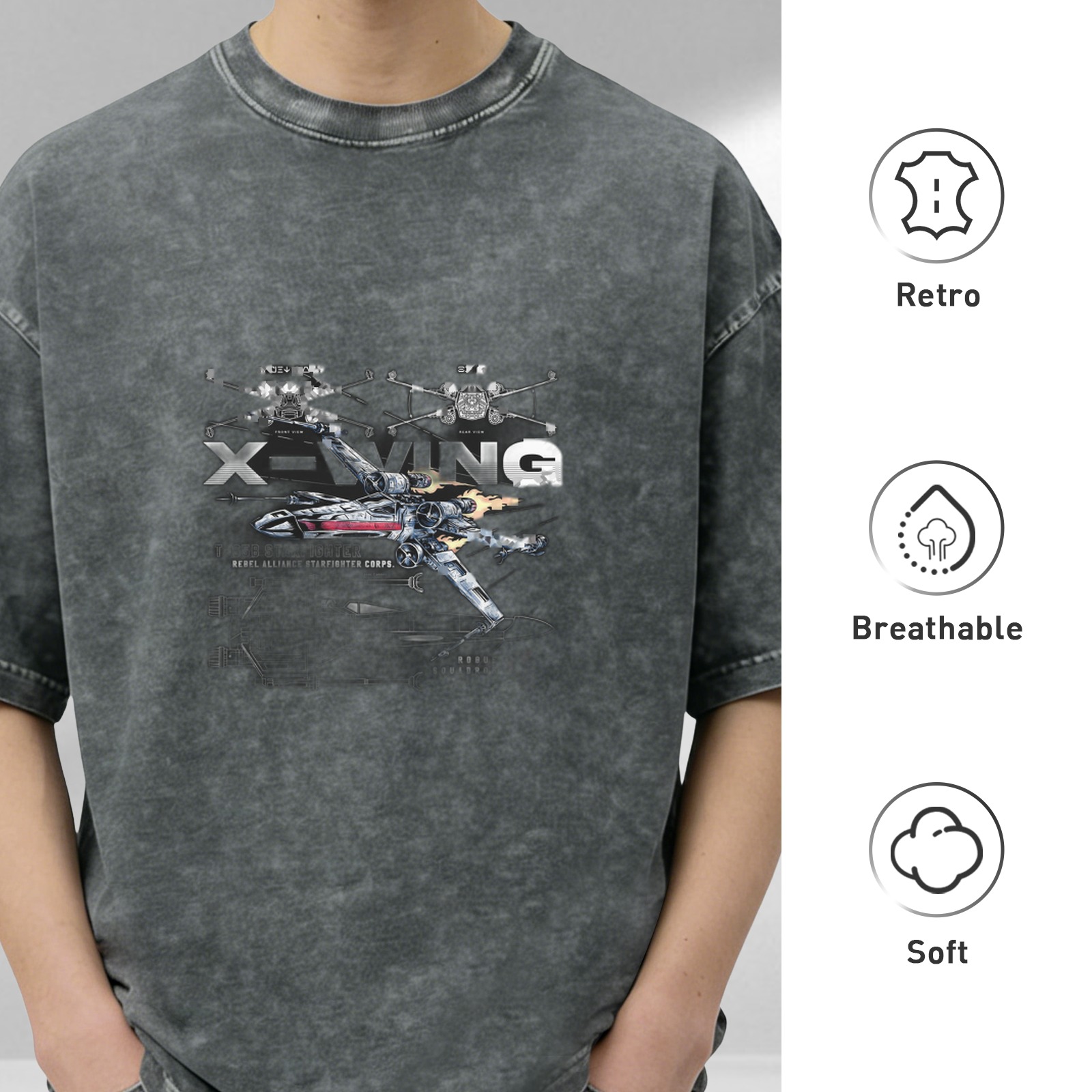 Star Wars X-Wing Fighter Graphic Stonewashed Black T-Shirt