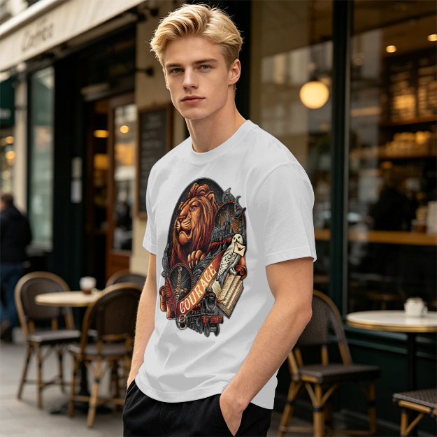 Olive T-Shirt With Lion Courage Themed Fantasy Art Print