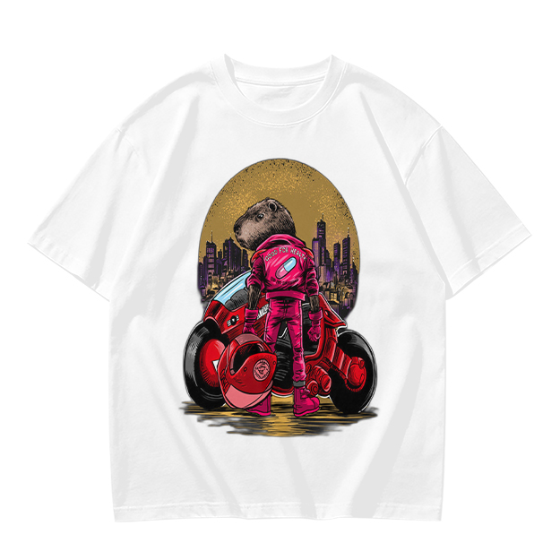 Olive T-Shirt With Capybara Biker And Futuristic City Print