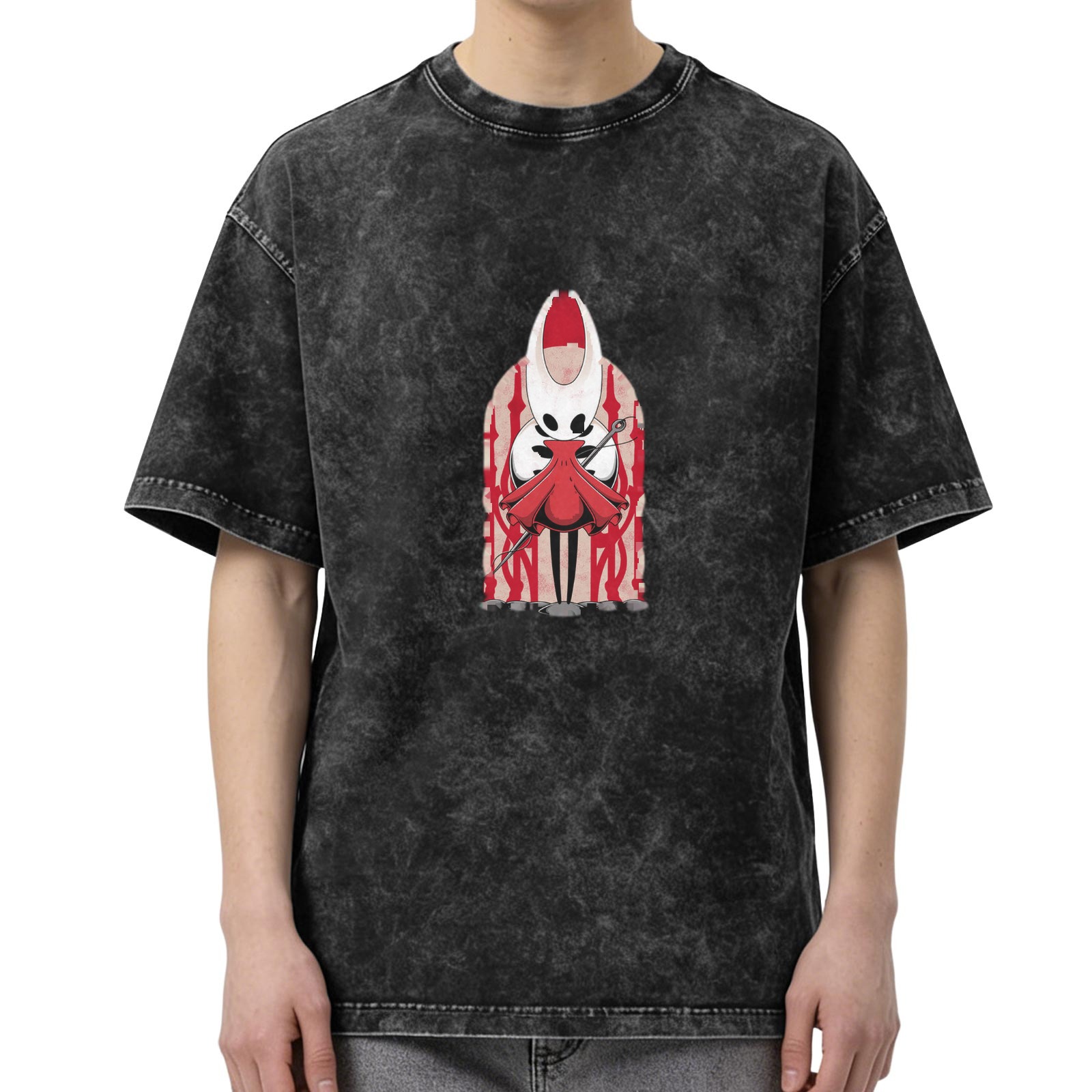 Hollow Knight themed distressed washed black loose short-sleeved T-shirt