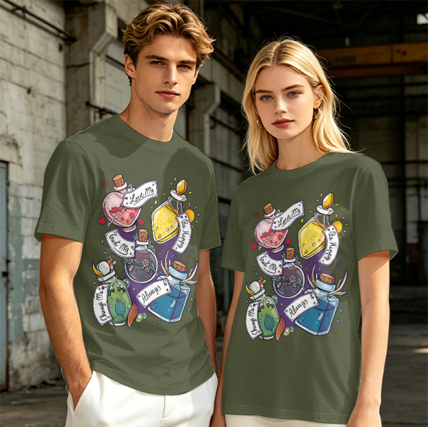 Olive T-Shirt With Magical Potion Bottles Graphic Design