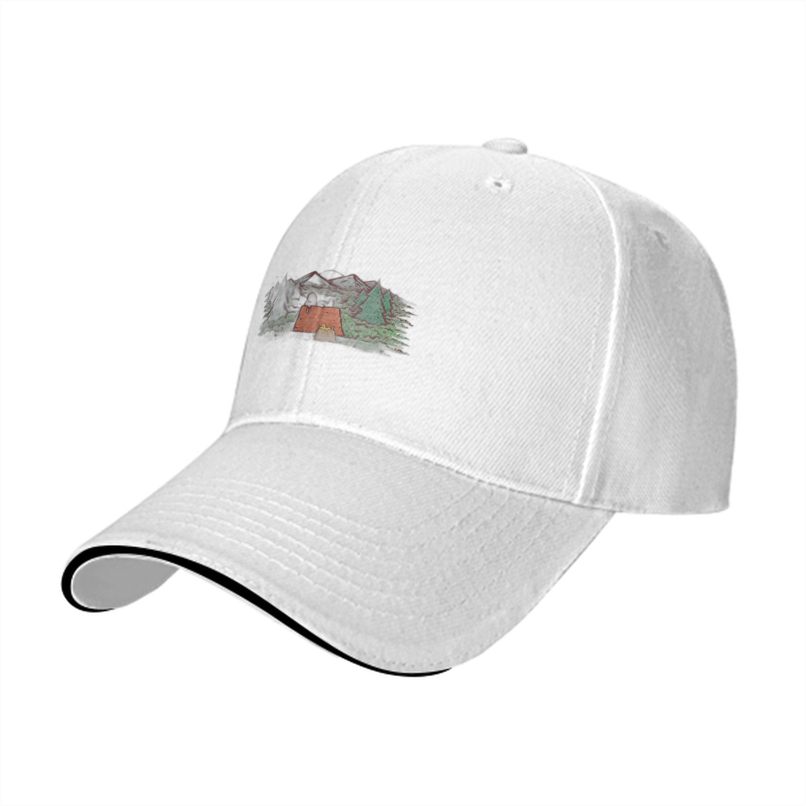 Black Baseball Cap with Camping Tent Mountain Graphic
