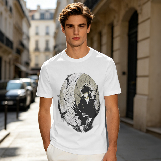 Olive T-shirt with Dark Anime Character and Raven Print
