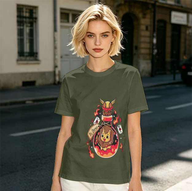 Olive T-Shirt With Cute Lion In Potion Bottle Graphic