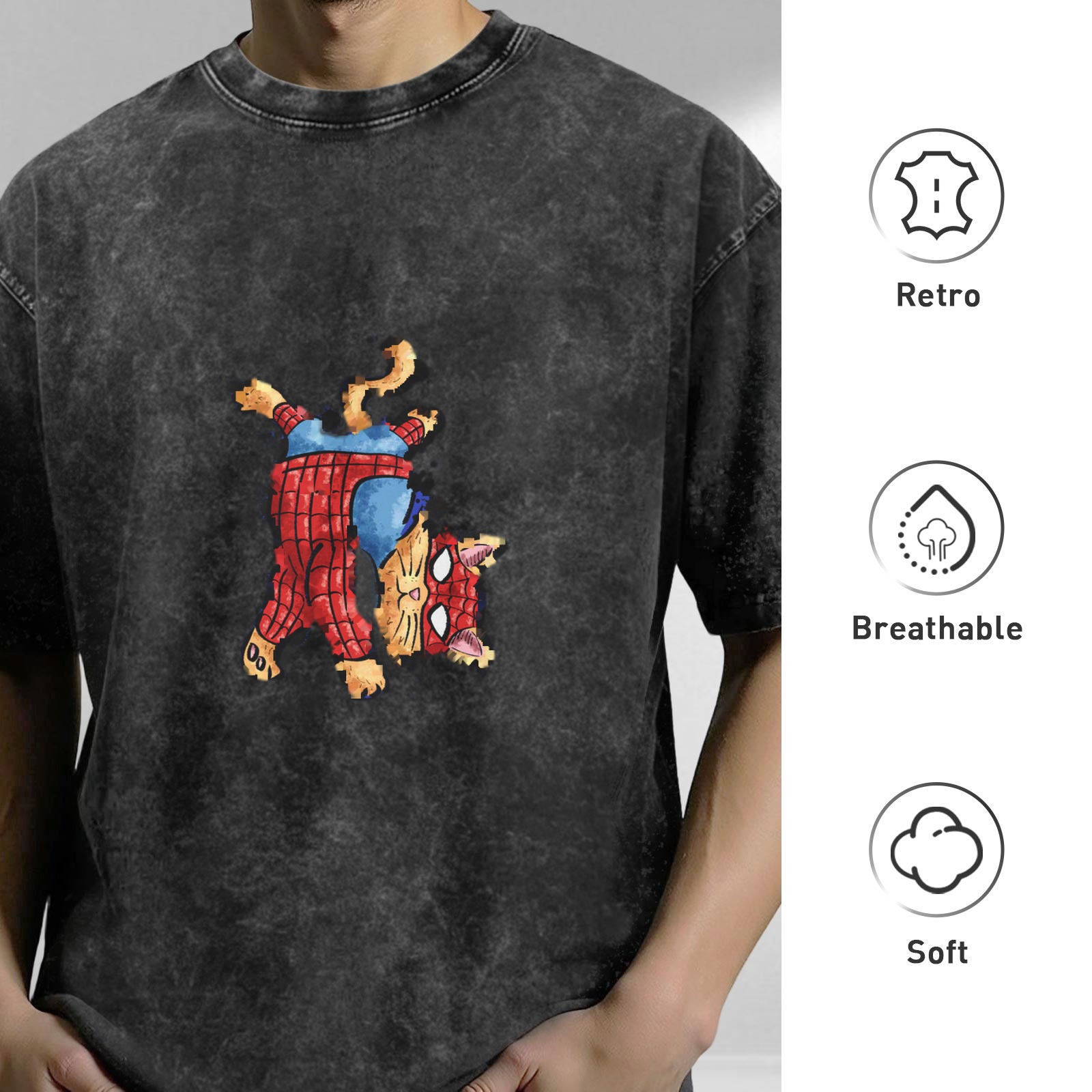 Washed Black T-Shirt With Playful Spider Cat Graphic Print